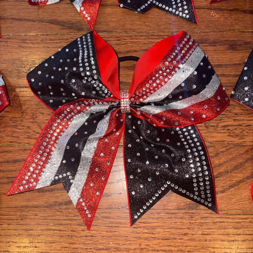 6 Cheer Bows Red Black and Silver Hair Bows Girls Hair Accessories New No Box